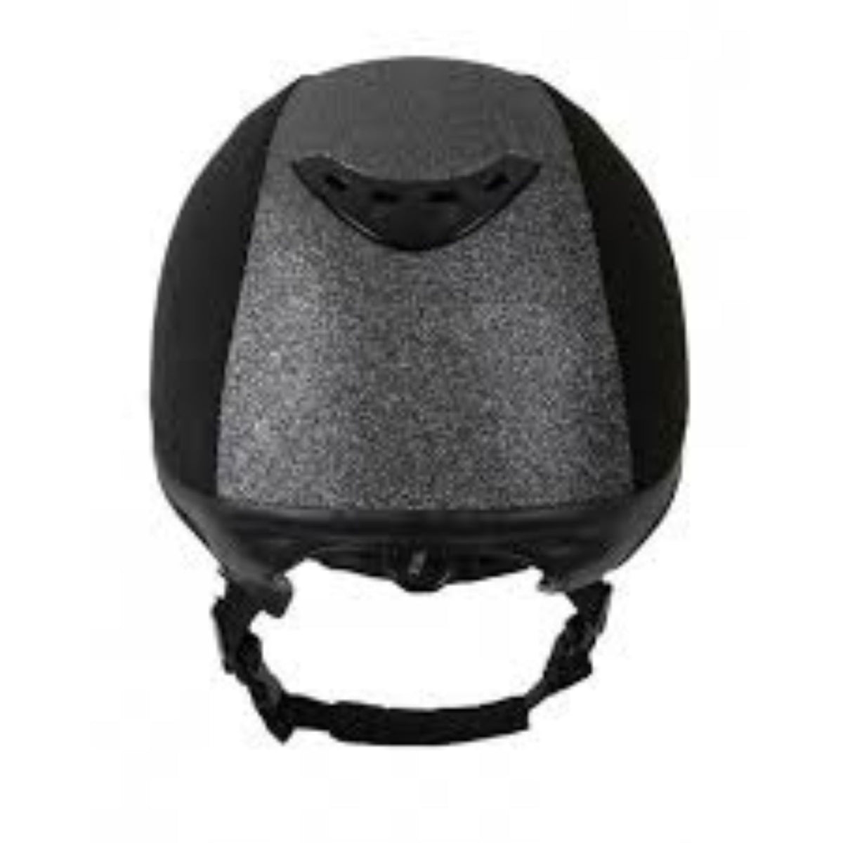 Back of black microfiber helmet with large silver section and ventilation.