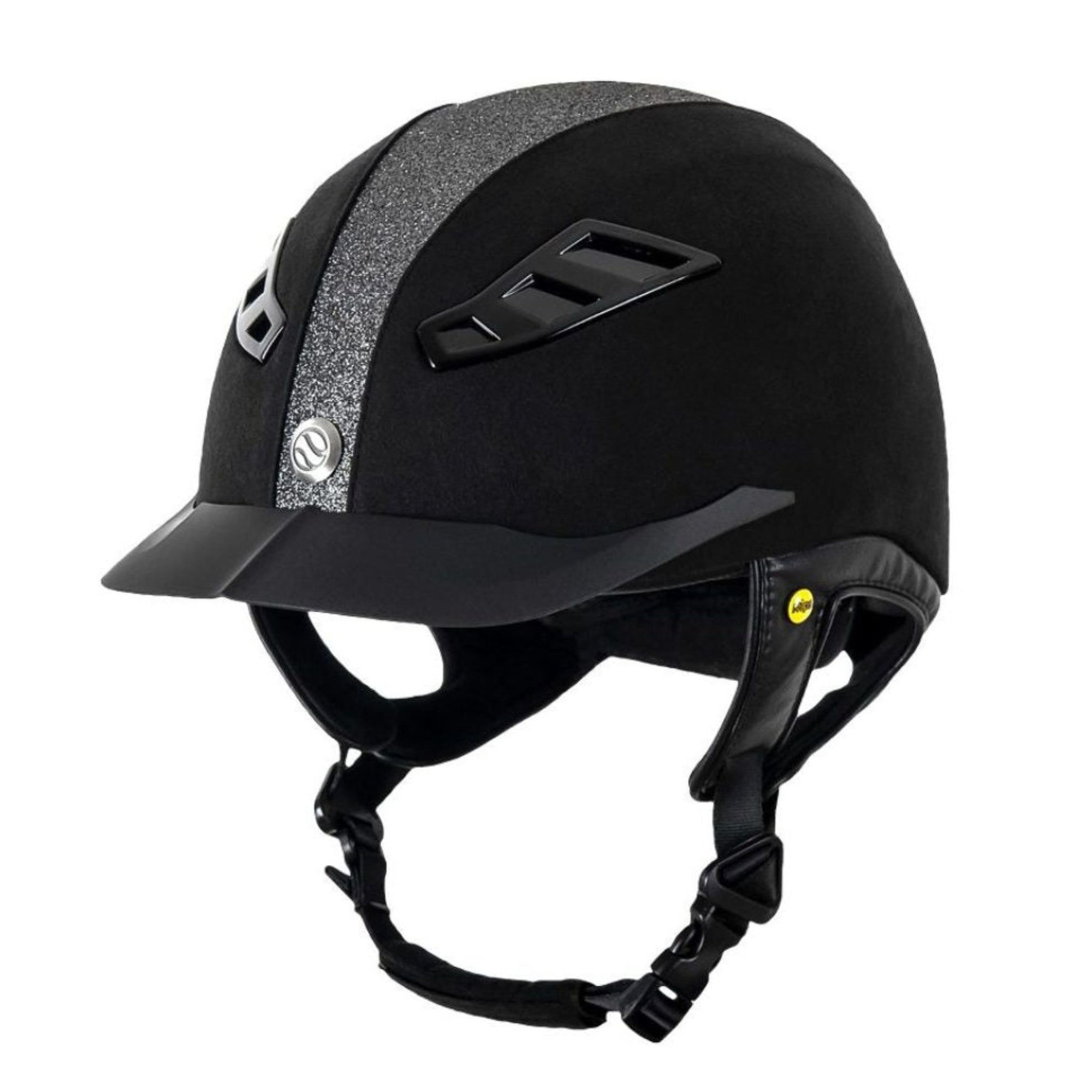 Lynx black microfiber helmet with silver sand texture down middle.