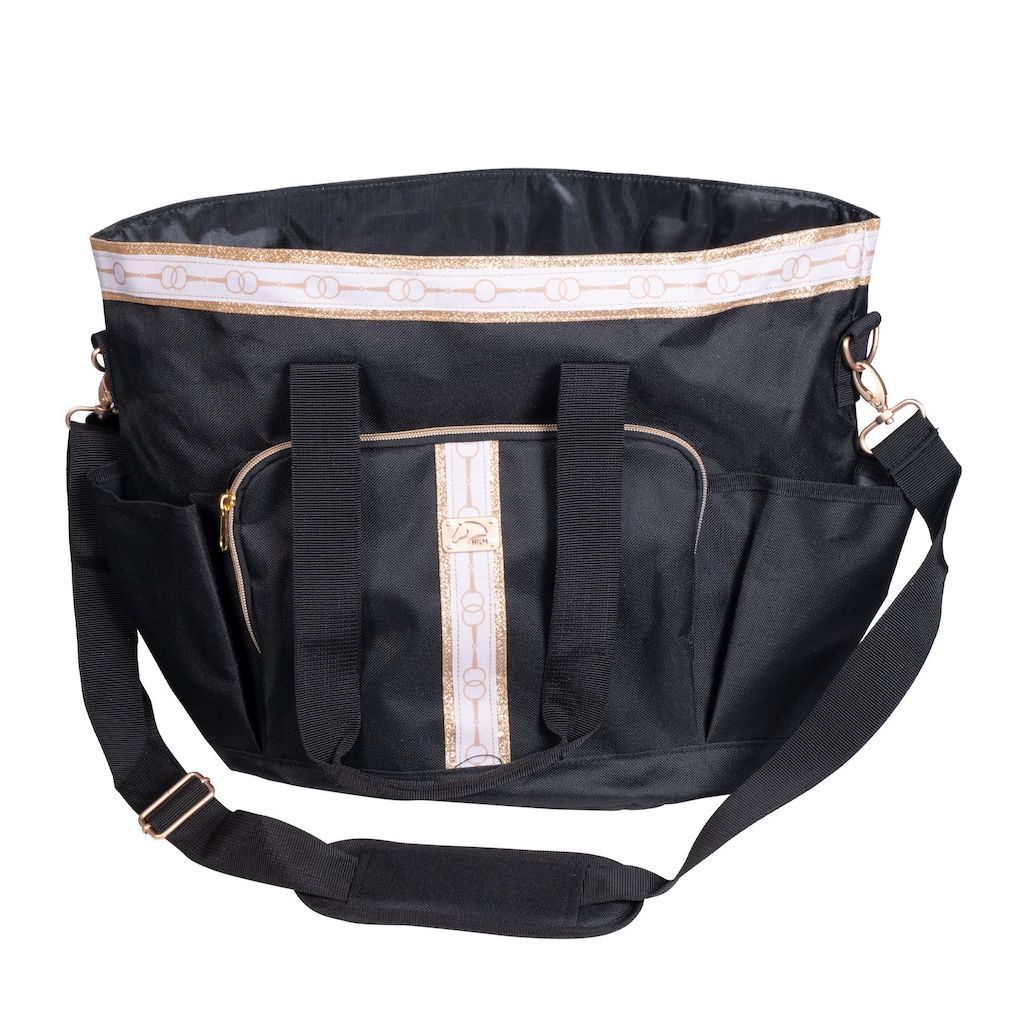 black Grooming bag with white and gold trim in a bit pattern
