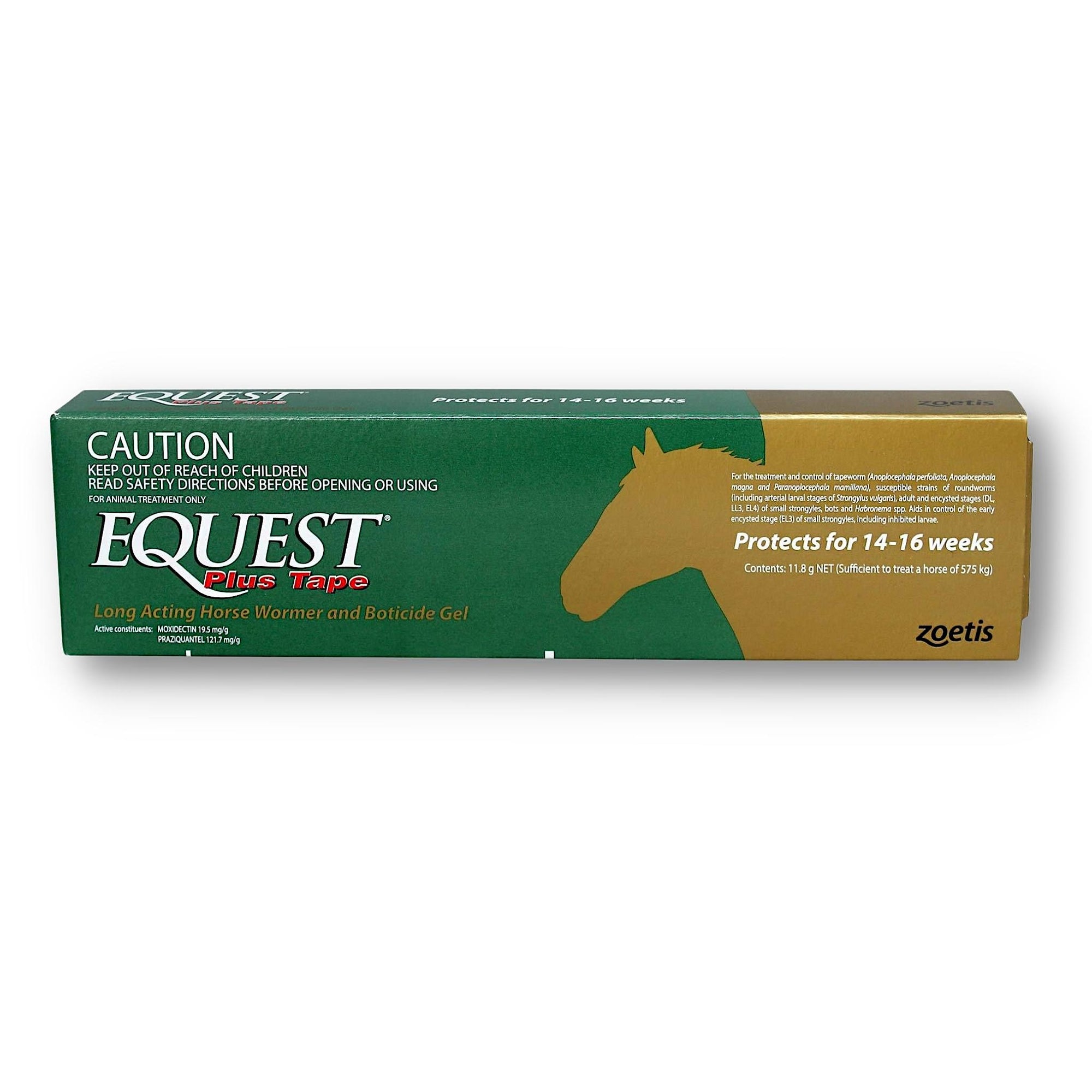 Green and gold box of product with writing and horse head silhouette. 