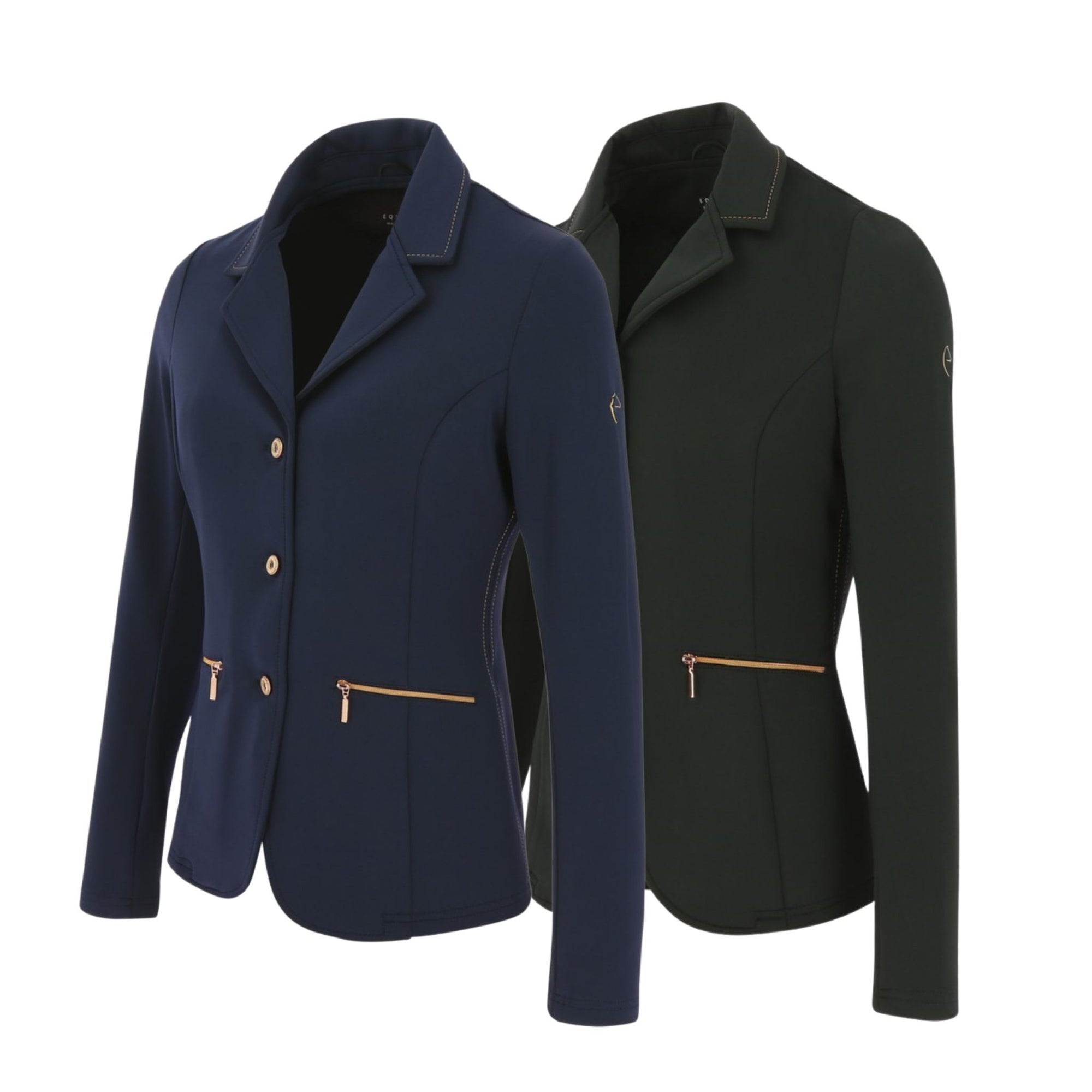 Both Navy and Black show jackets with rose gold stitching, zippers and sparkly buttons