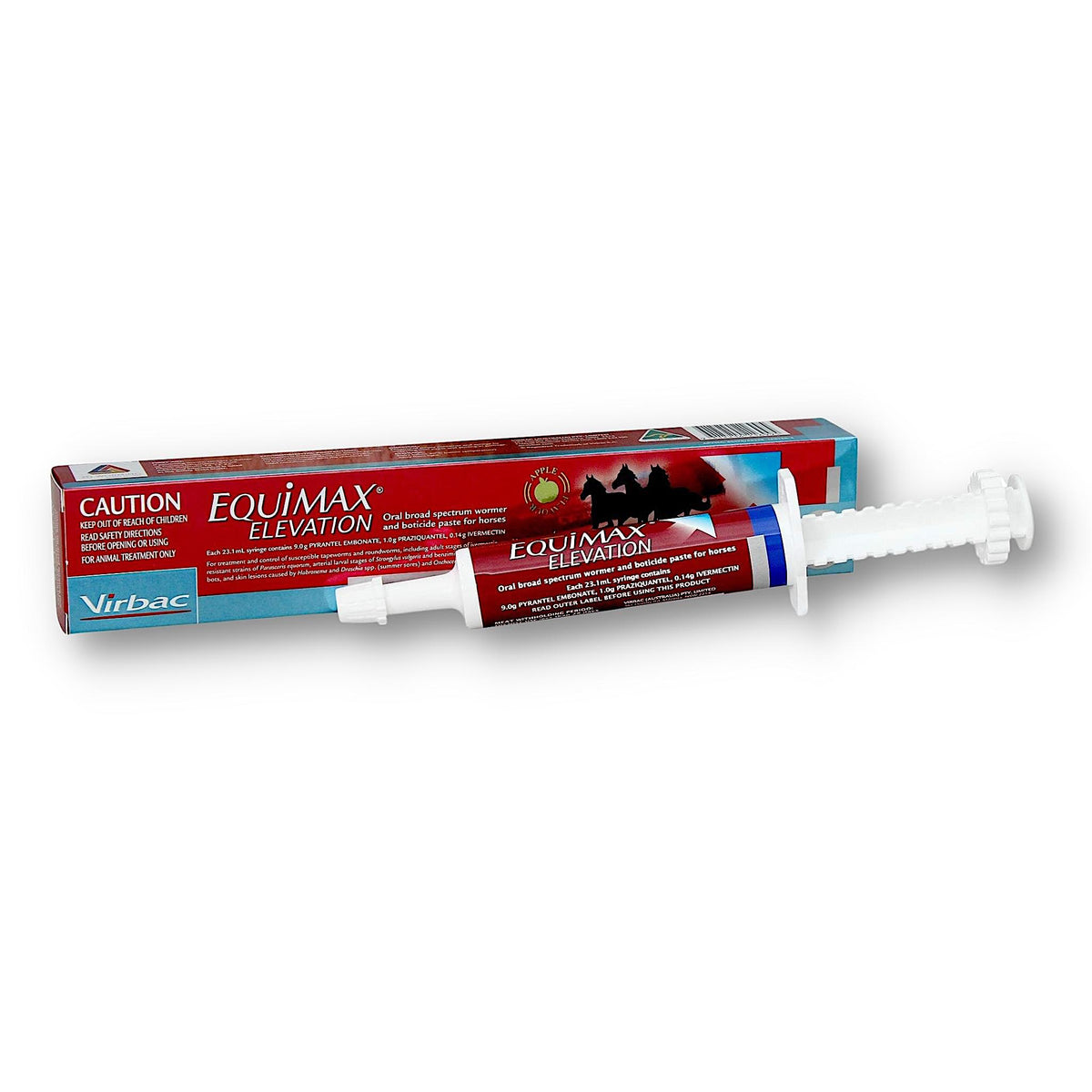 Syringe tube of product infront of its packaging, labels red in colour.