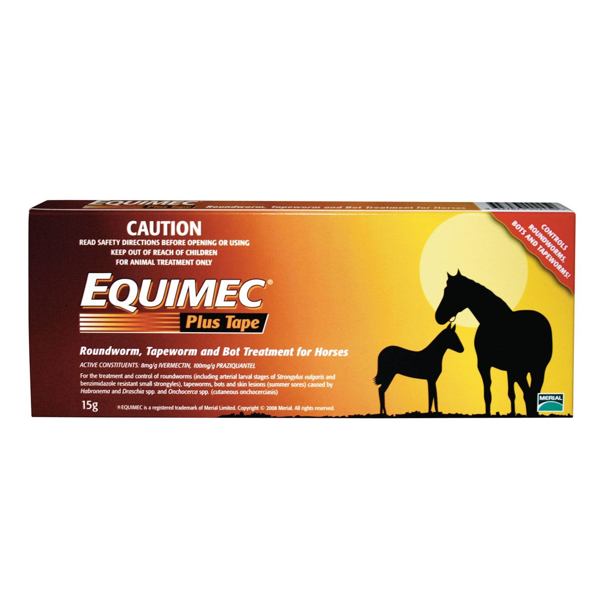 Orange gradient rectangular box of product, with horse silhouette and descriptions.