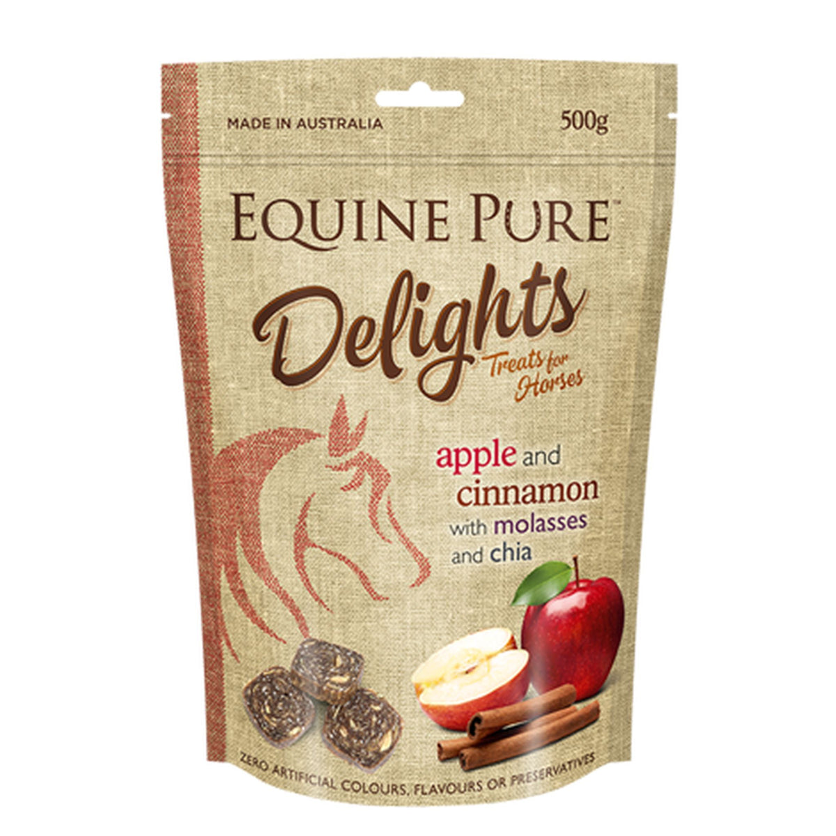 Sealed packet of apple and cinnamon horse treats in beige colour.