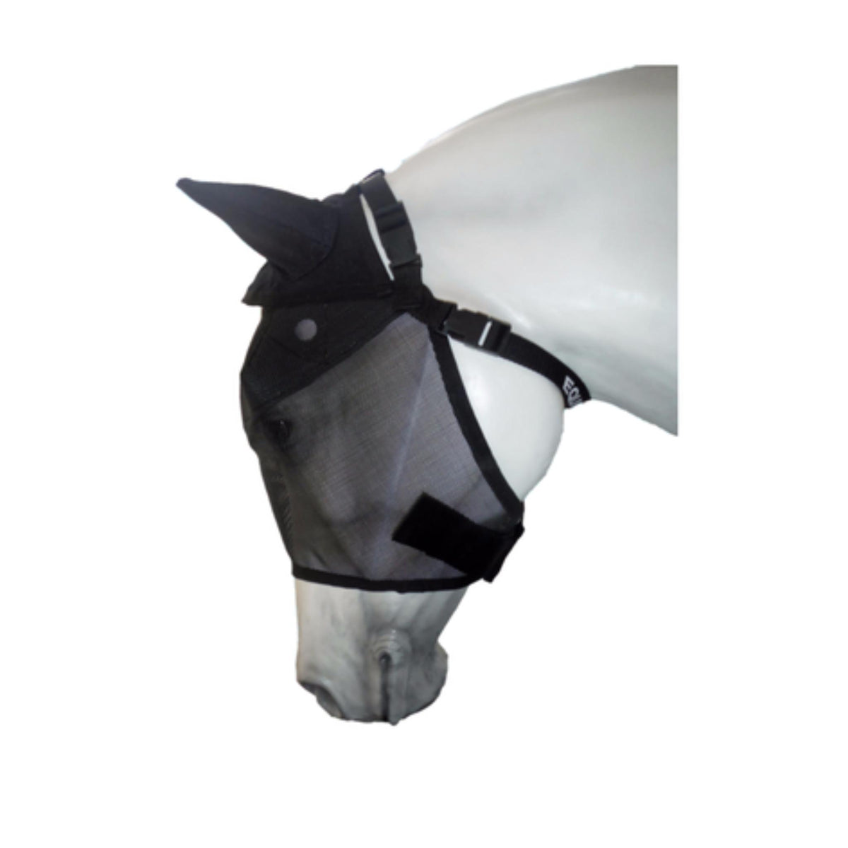 Side view of black fly mask with ear covering and three straps.