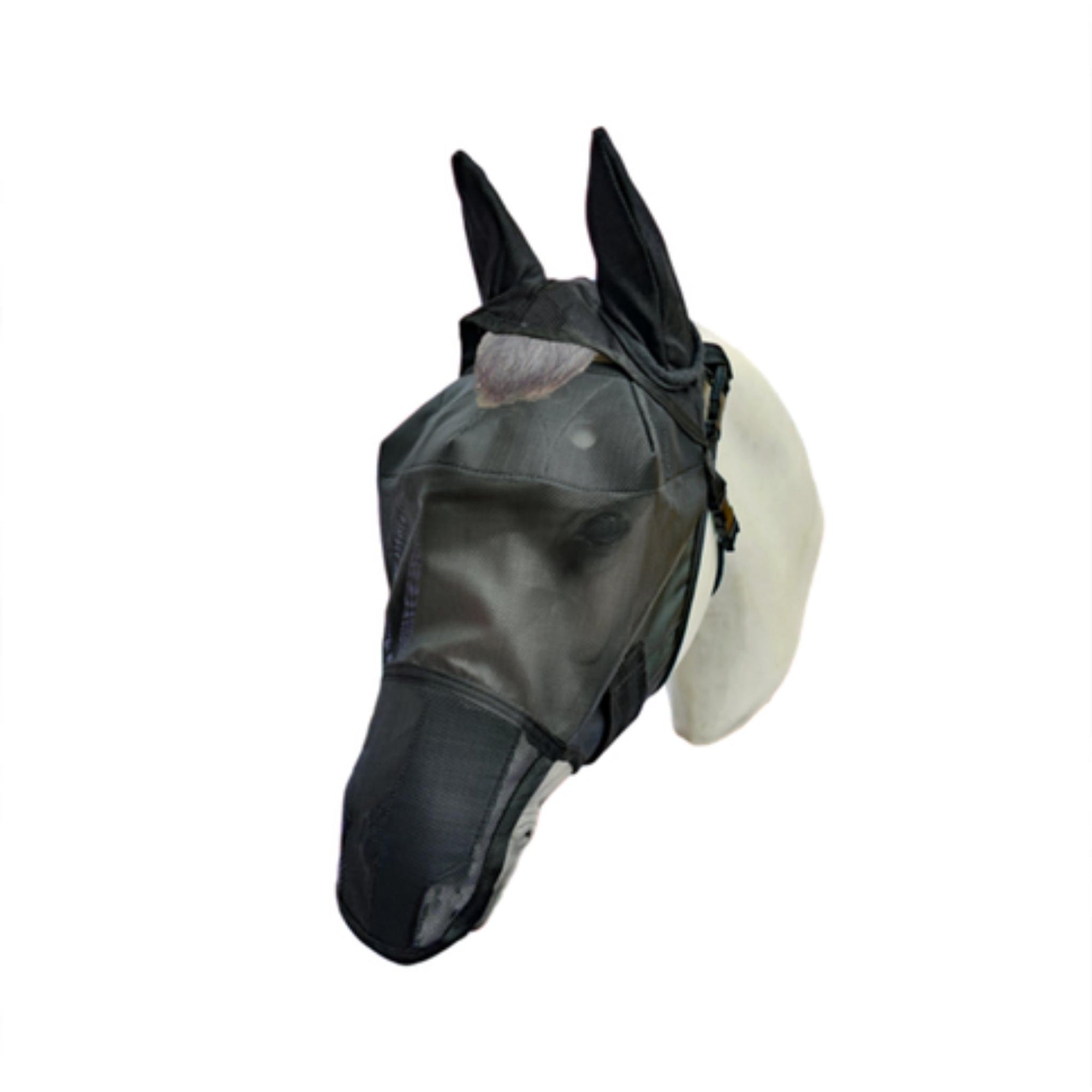 Horse model wearing black fly mask with ear coverings and nose flap.