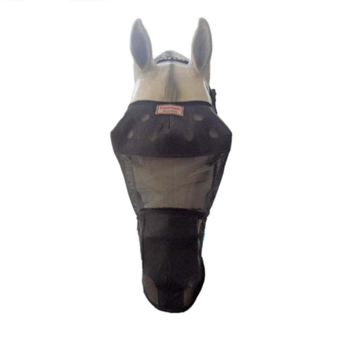 Front view of horse model wearing black fly mask with nose flap.