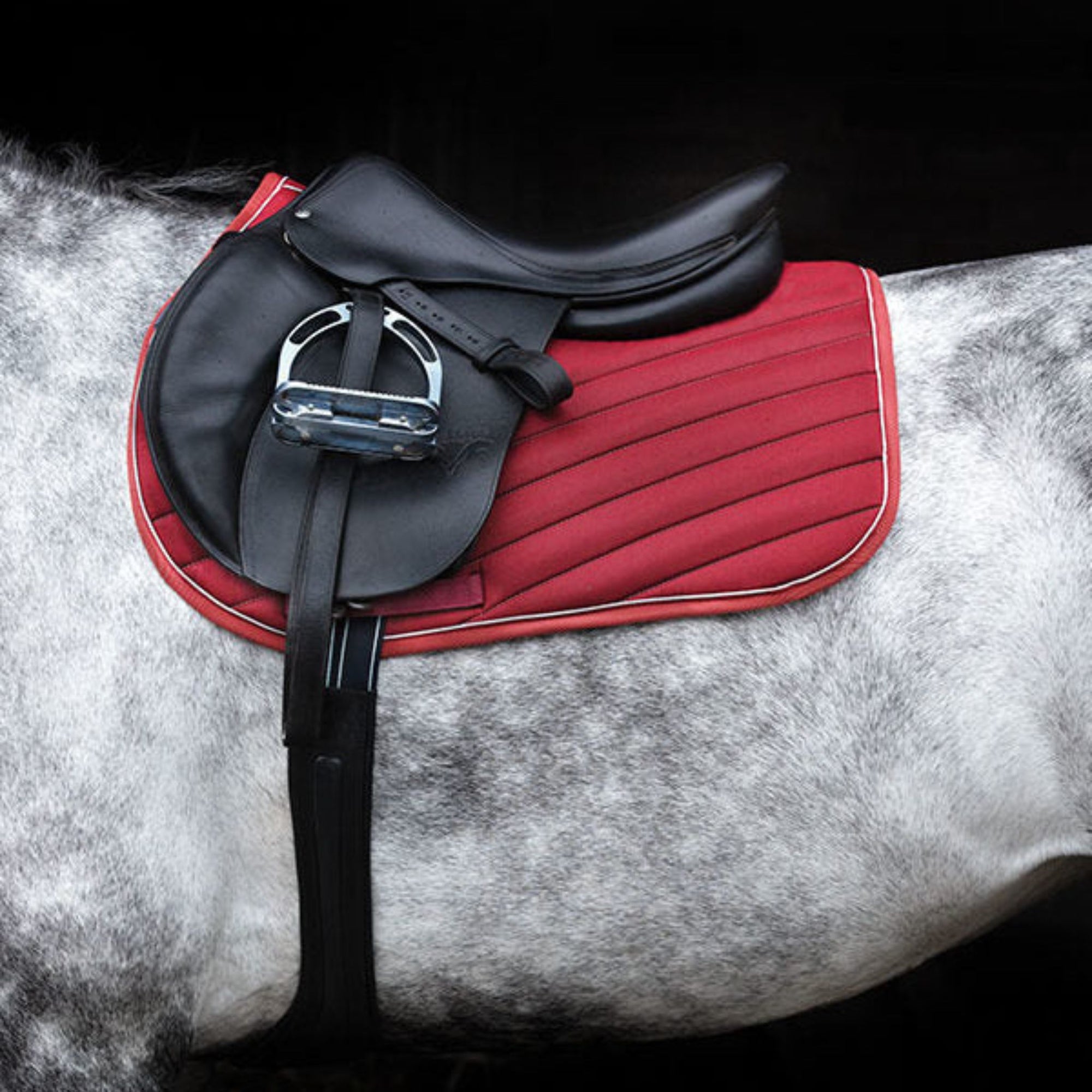 Red padded saddle pad with reflective piping on grey horse
