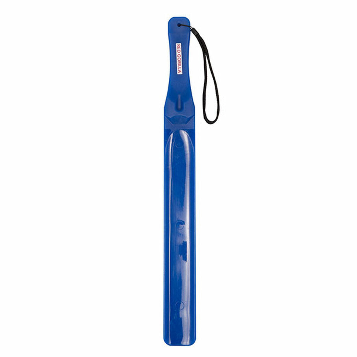 Navy plastic feed stirrer, narrowed at the handle with black hand loop.
