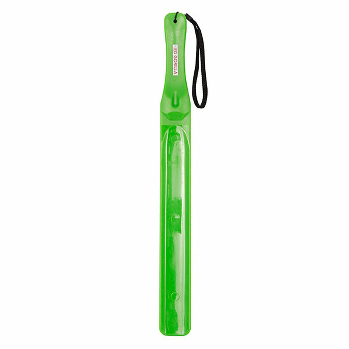 Green plastic feed stirrer, narrowed at the handle with black hand loop.