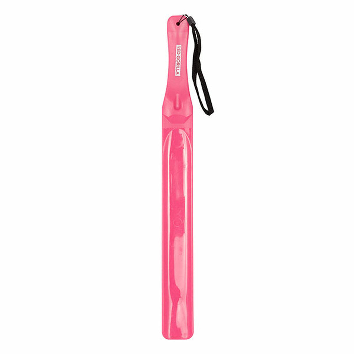 Pink plastic feed stirrer, narrowed at the handle with black hand loop.