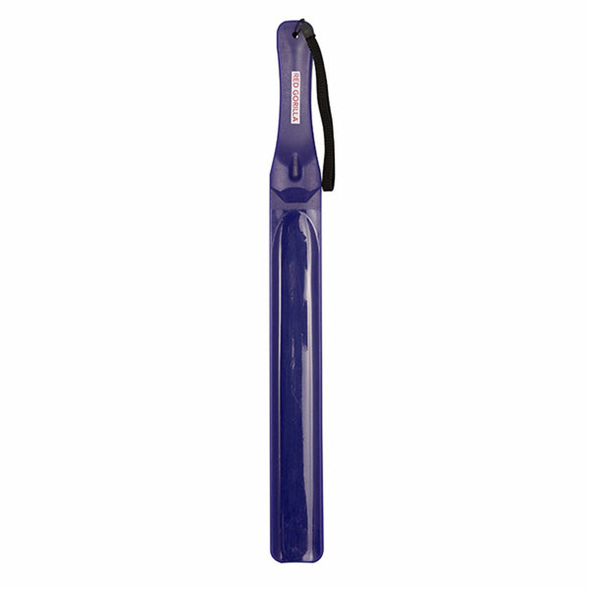 Purple plastic feed stirrer, narrowed at the handle with black hand loop.