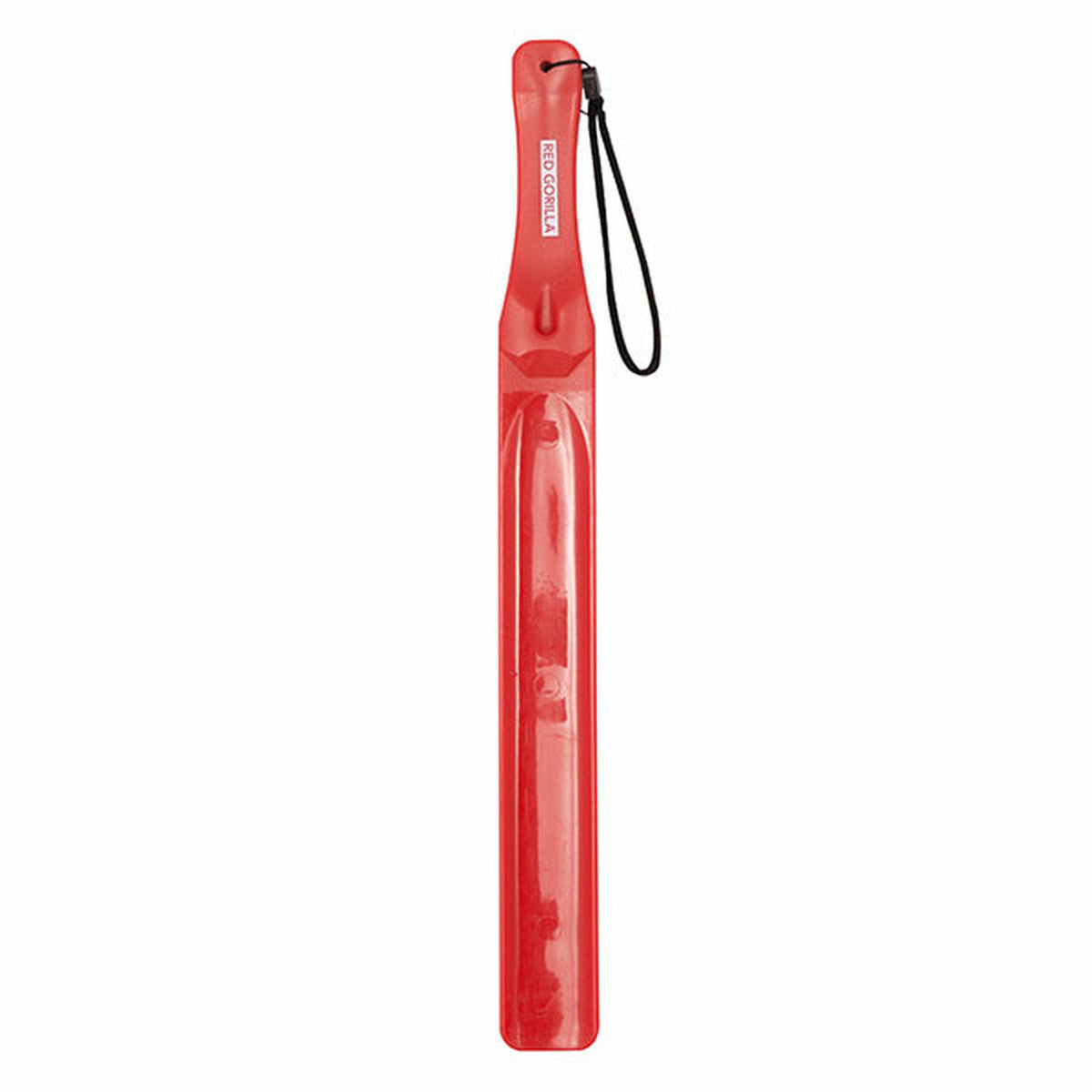 Red plastic feed stirrer, narrowed at the handle with black hand loop.