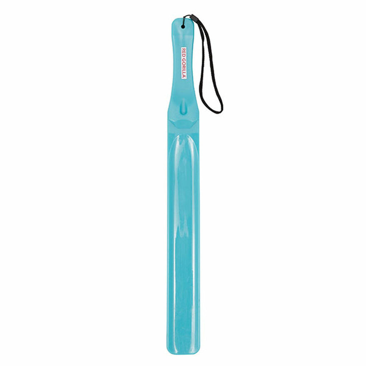 Light blue plastic stirrer, narrowed at the handle with black hand loop.