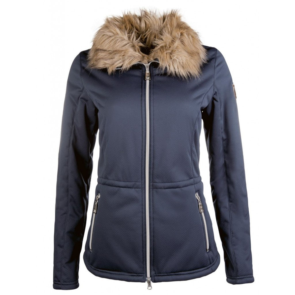 Navy jacket with white zipper teeth and a tan faux fur colour.