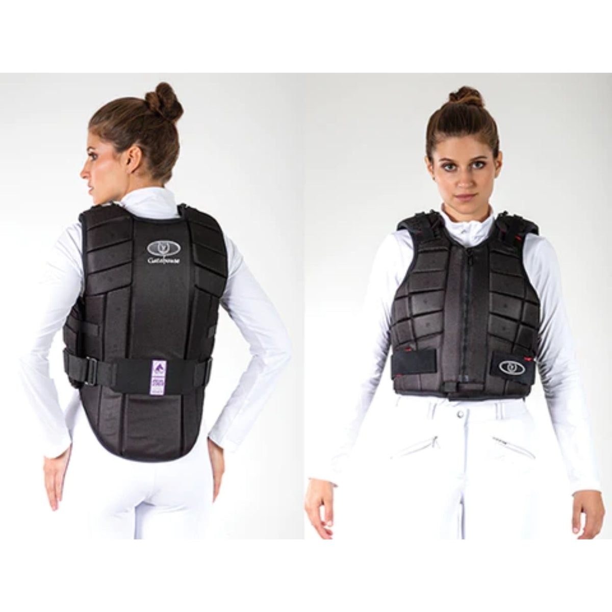 Two views of lady wearing black body protector, with middle zip.