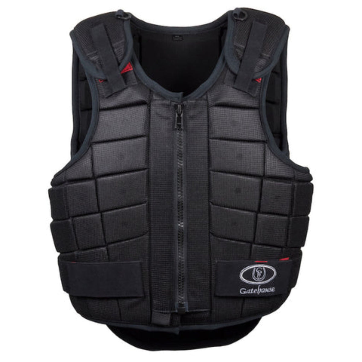  Black body protector with middle zip and fasteners on shoulders and sides.