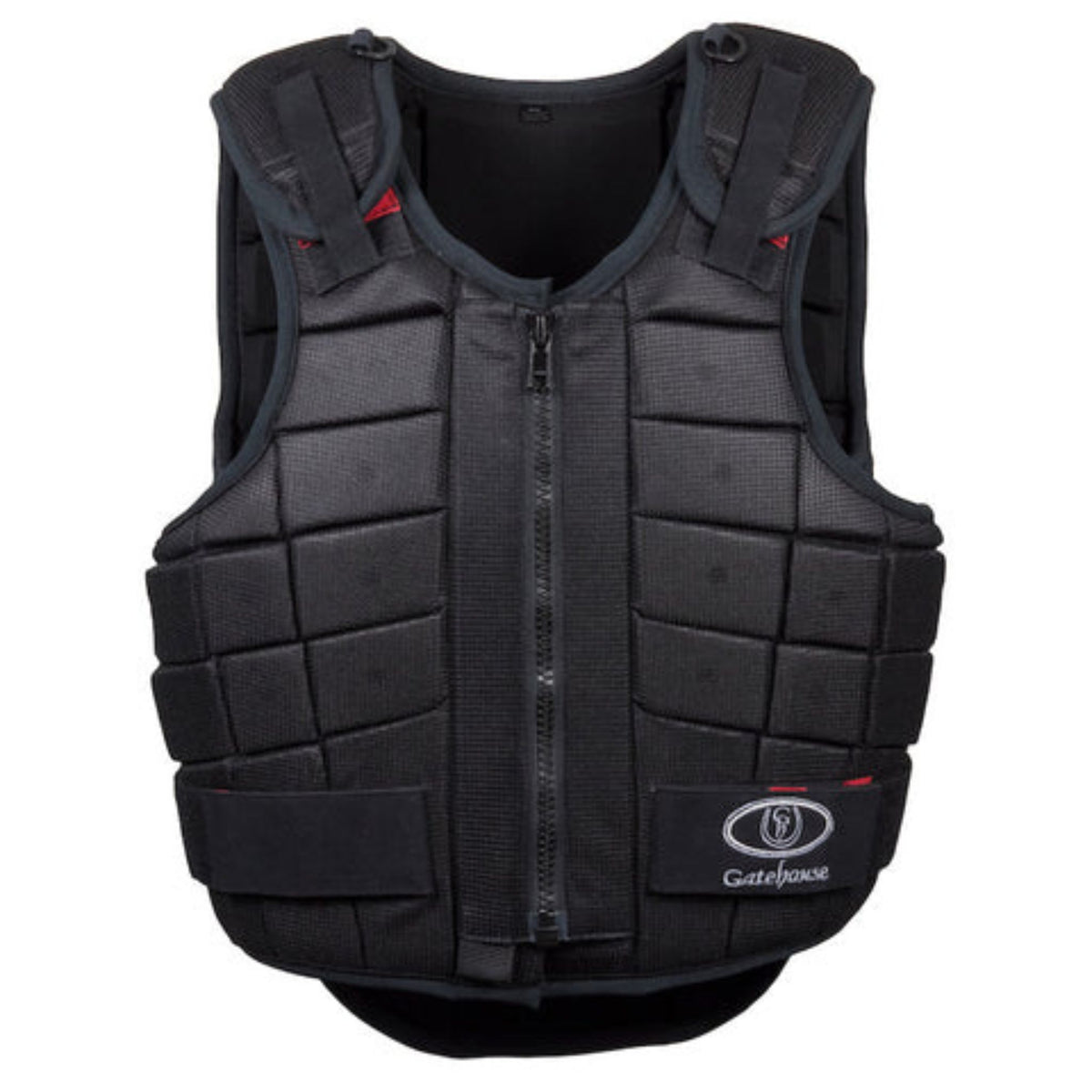 Black riding vest with gatehouse embroidery patch on bottom left corner.