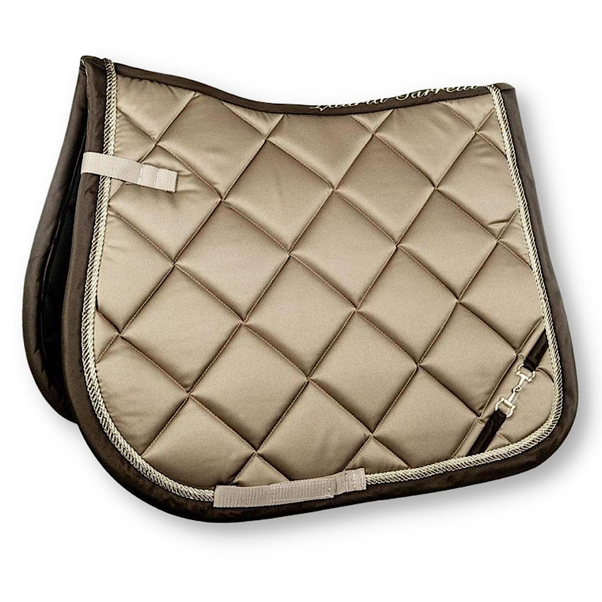 Taupe coloured saddle pad with satin appearance, brown trim and bit detail.