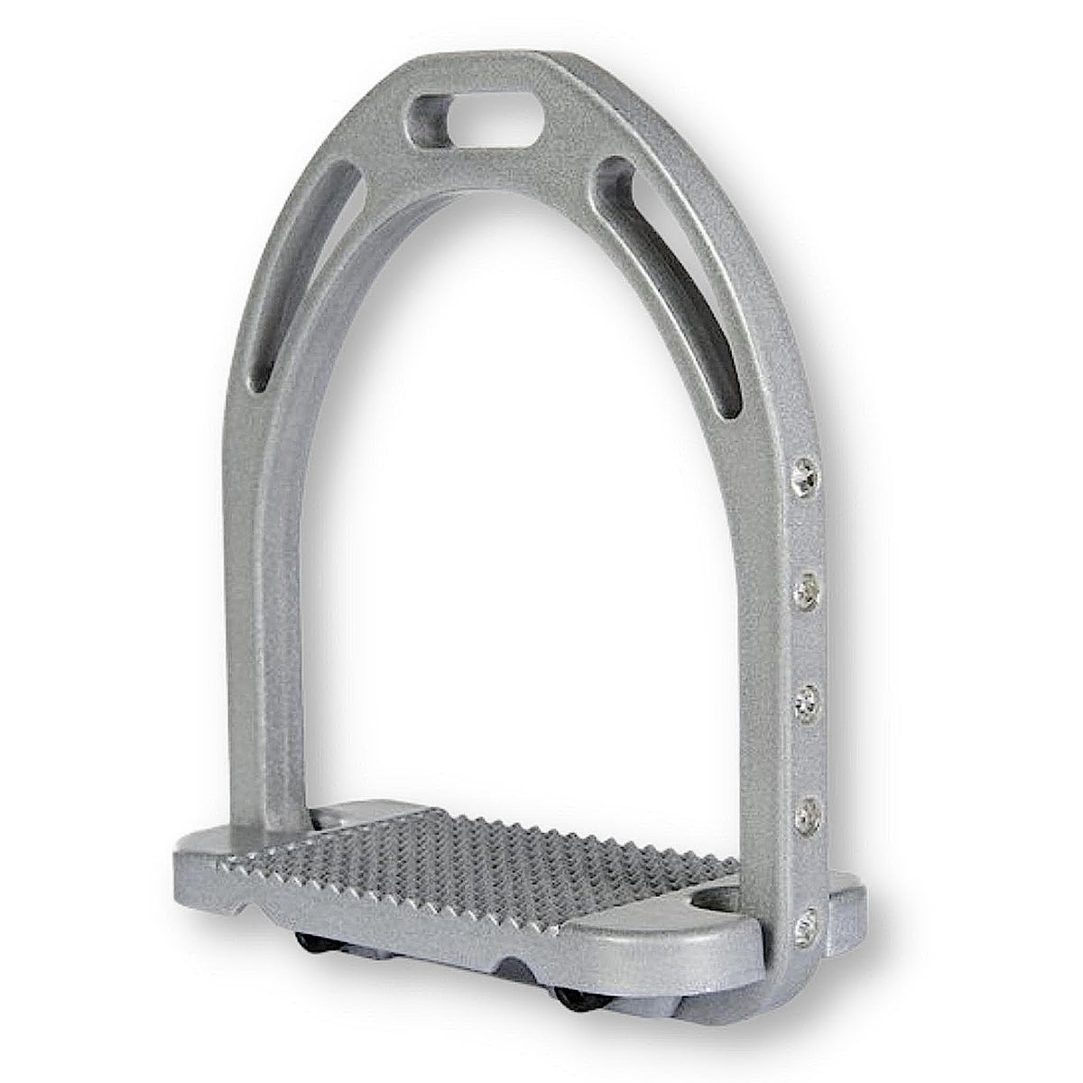 Silver metal stirrup with diamantes down side and grip tread.