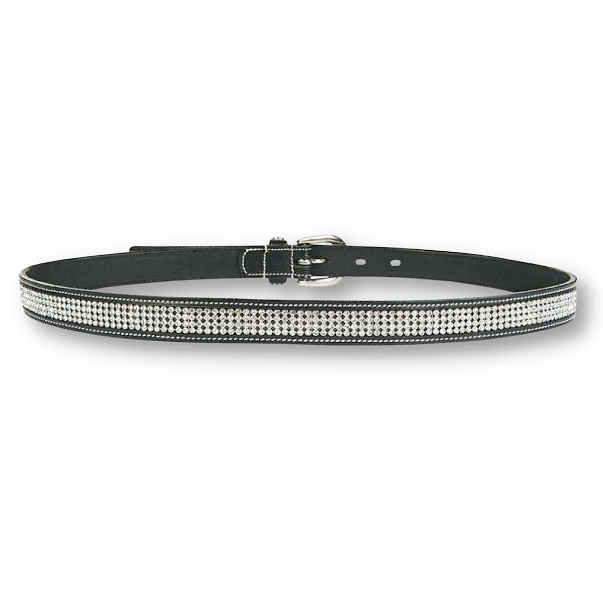 Black leather belt with white thread and rows of clear diamantes.