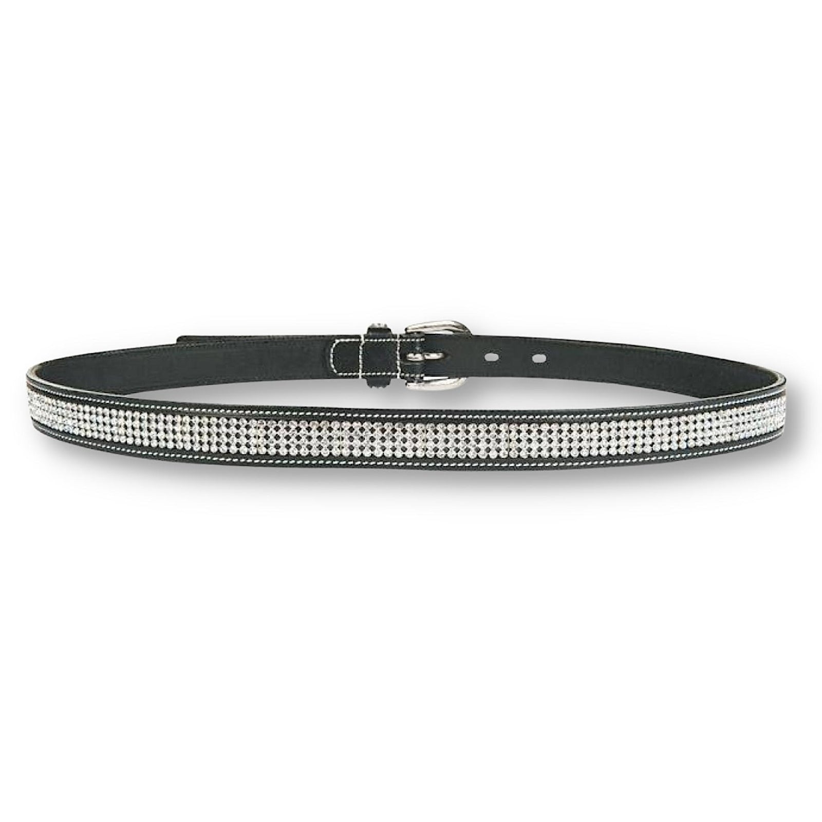 Front of black leather belt with diamante buckle and rows of diamantes.