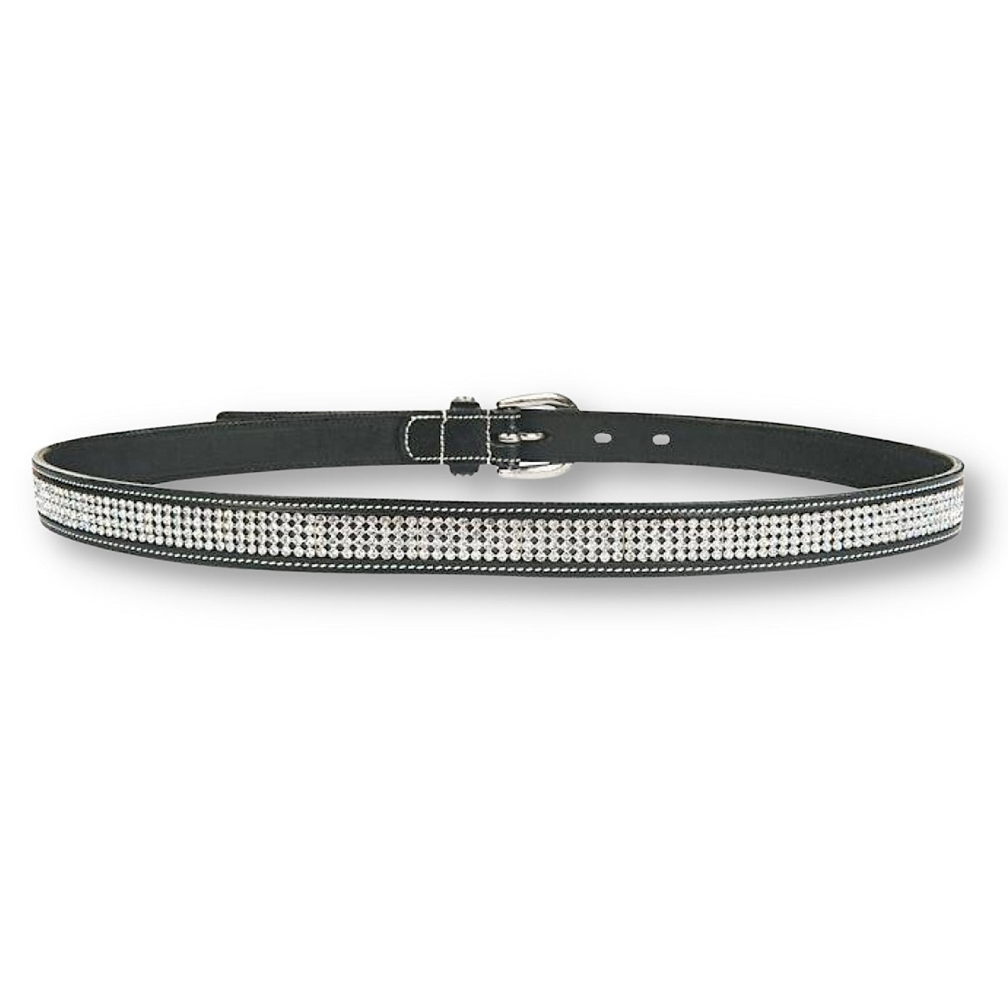 Front of black leather belt with diamante buckle and rows of diamantes.