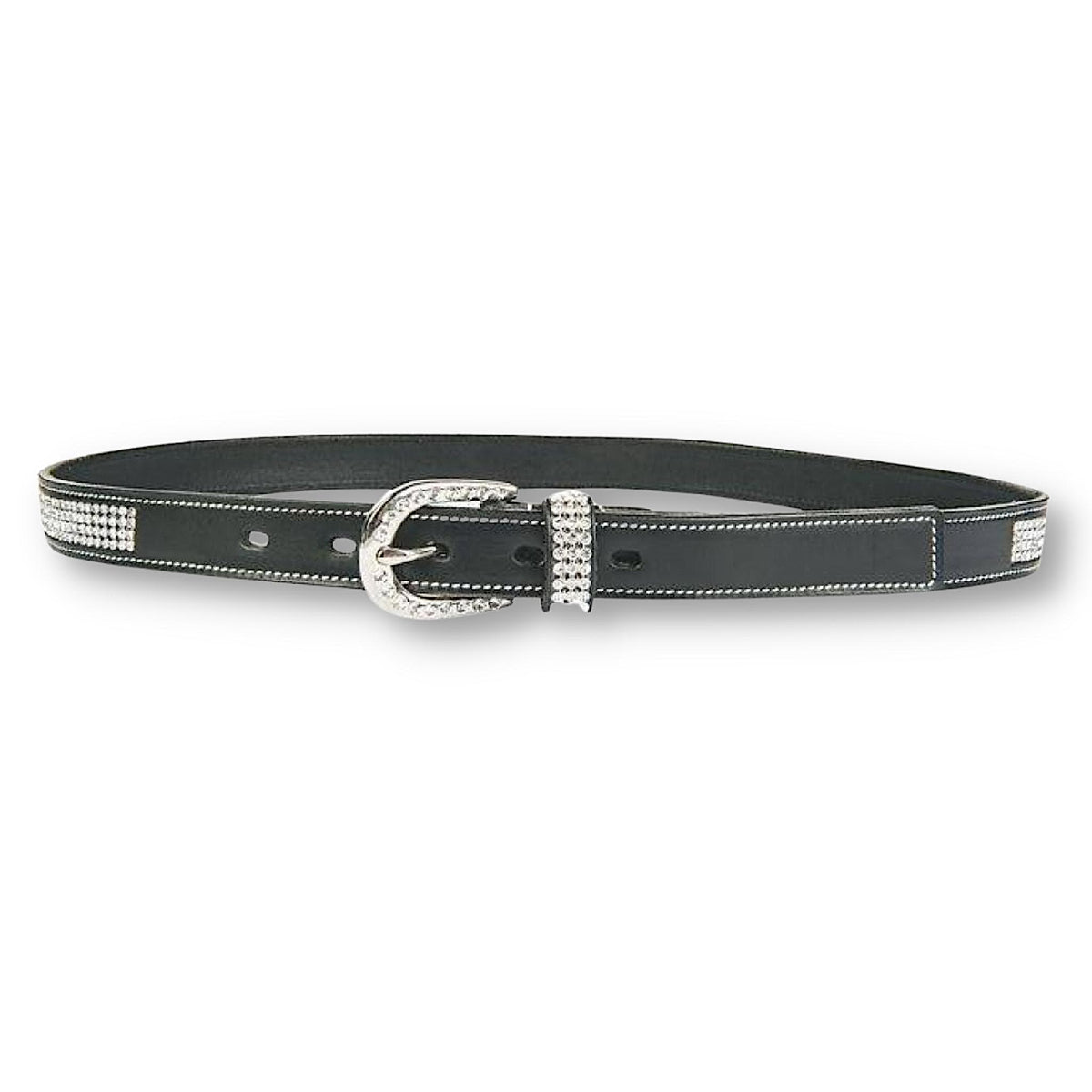 Front of black leather belt with diamante buckle and rows of diamantes.