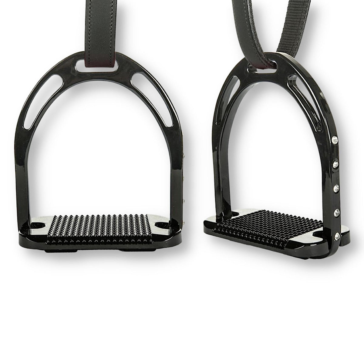 Two patent black stirrups with diamantes down side and grip tread.