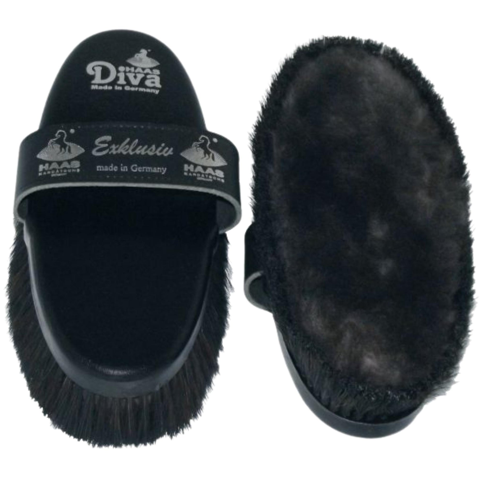 Black brush with leather hand strap, velvety lamb wool middle and bristles.
