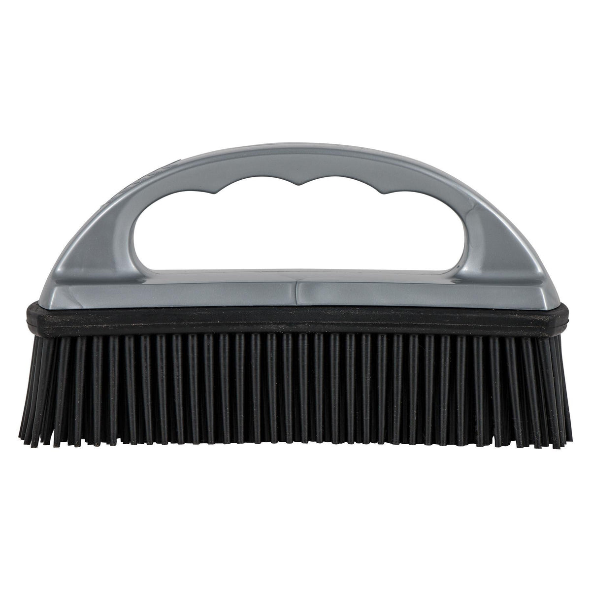 Side view of black brush with rubber bristles and grey curved handle.