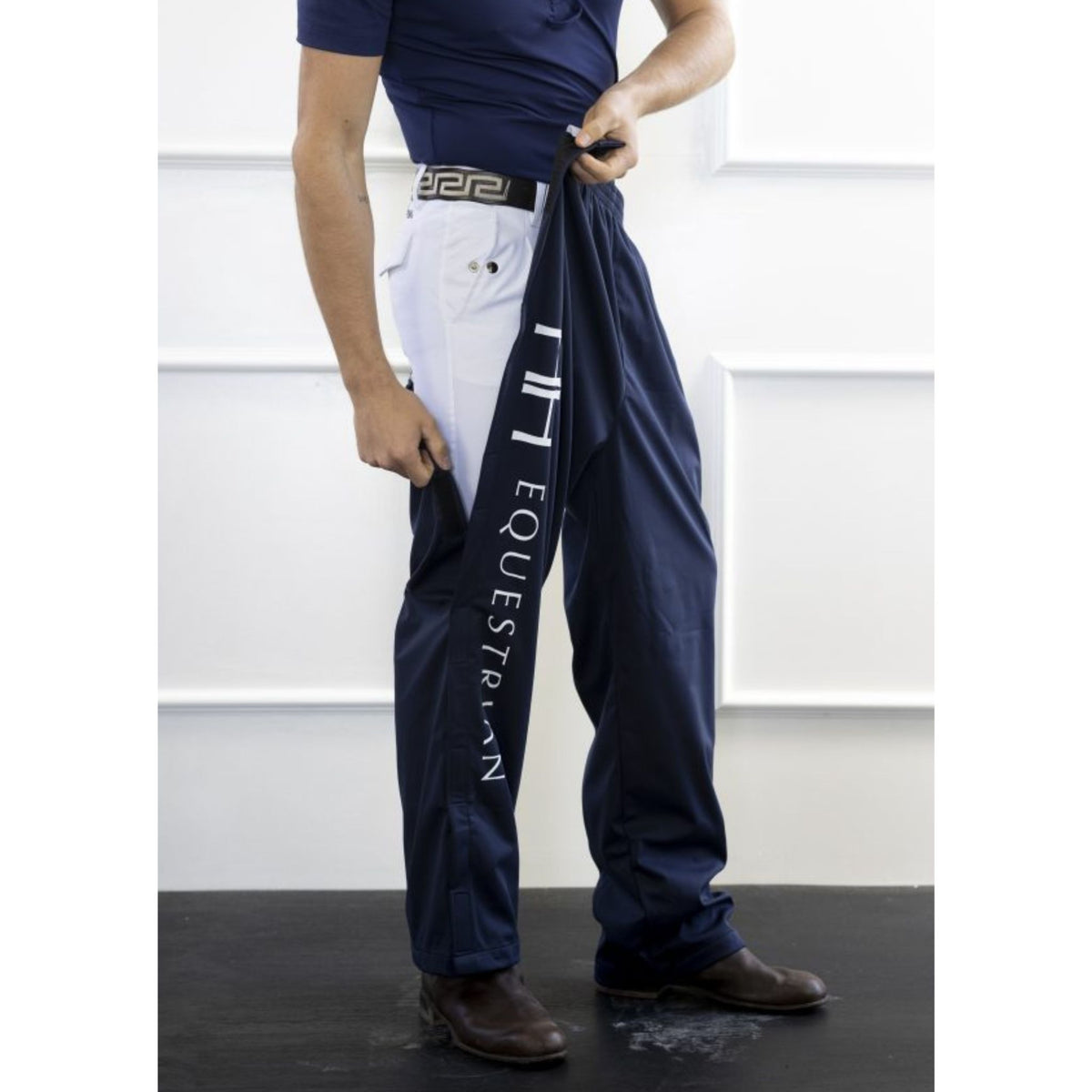 Navy over-pants with HH equestrian logo down the right pant