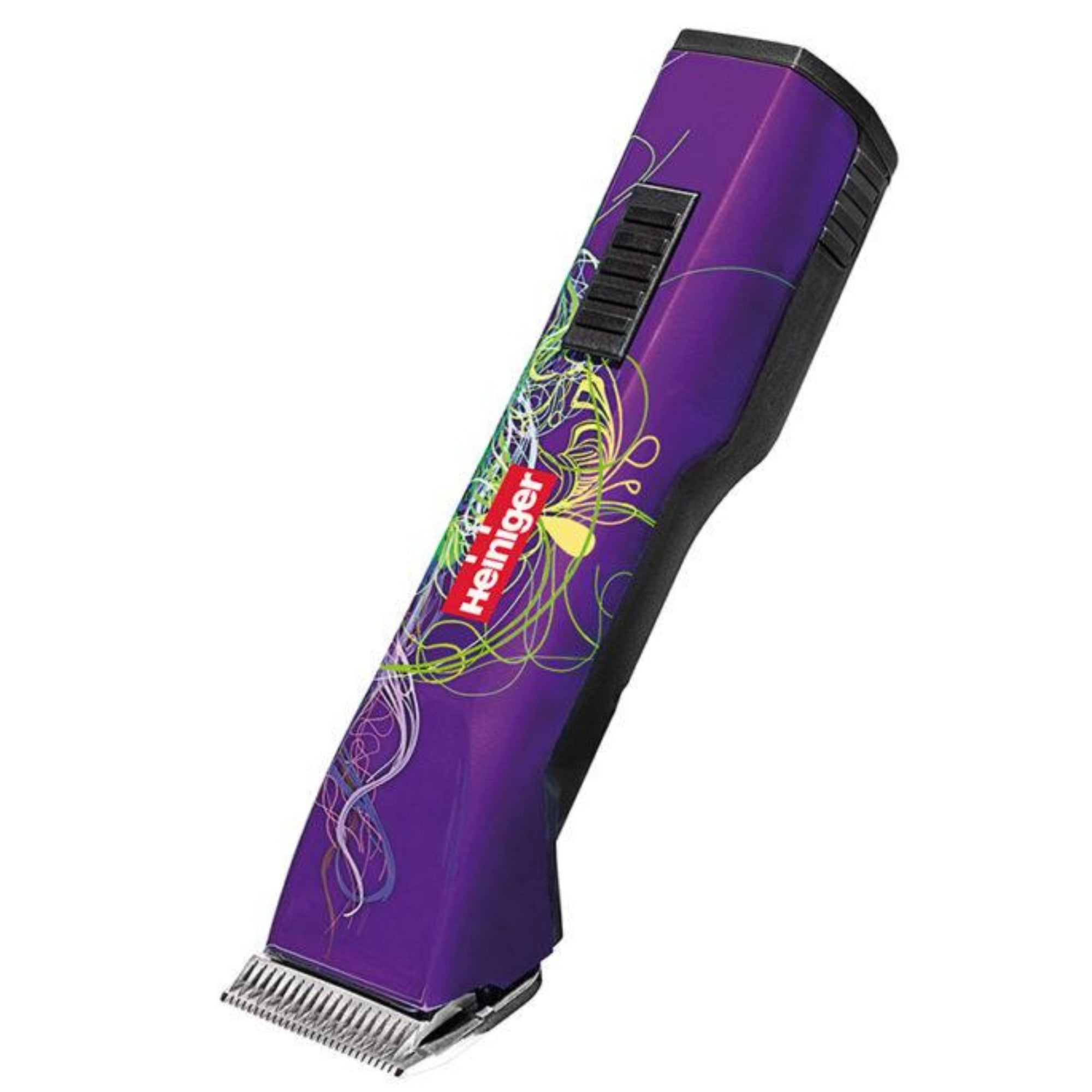 Purple horse clippers with red logo and colourful line design.