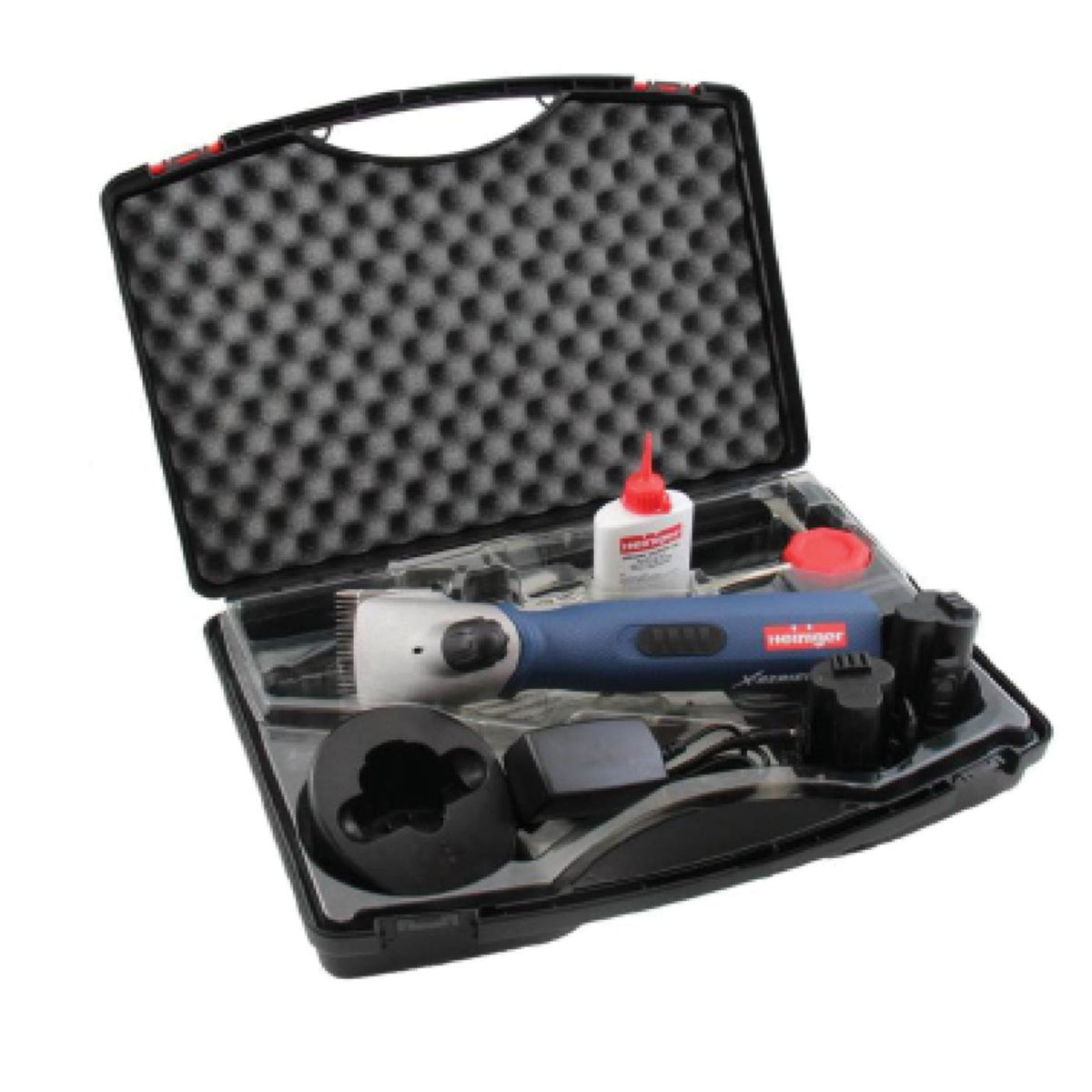 Opened horse clippers case, revealing products inside, including bottles and charging points.