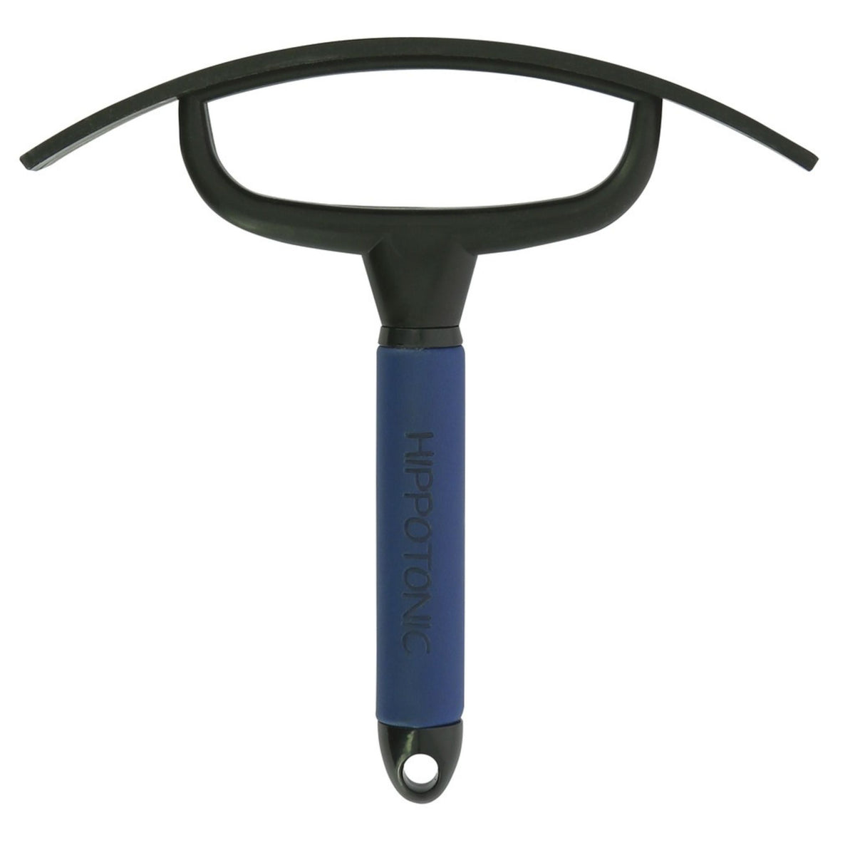 Black sweat scraper with a navy leather handle indented with “Hippotonic”.