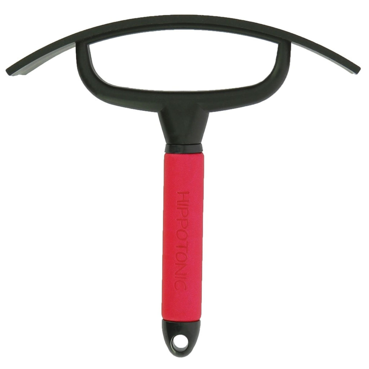Black sweat scraper with a pink leather handle indented with “Hippotonic”.