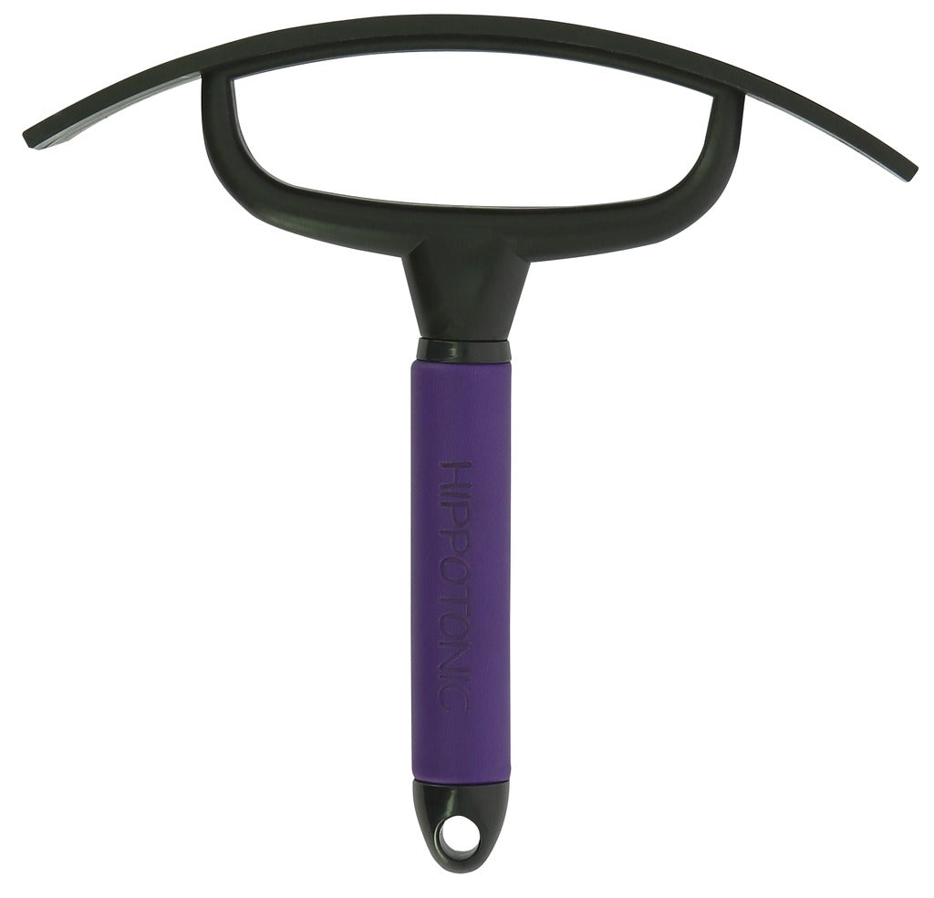 Black sweat scraper with a purple leather handle indented with “Hippotonic”.