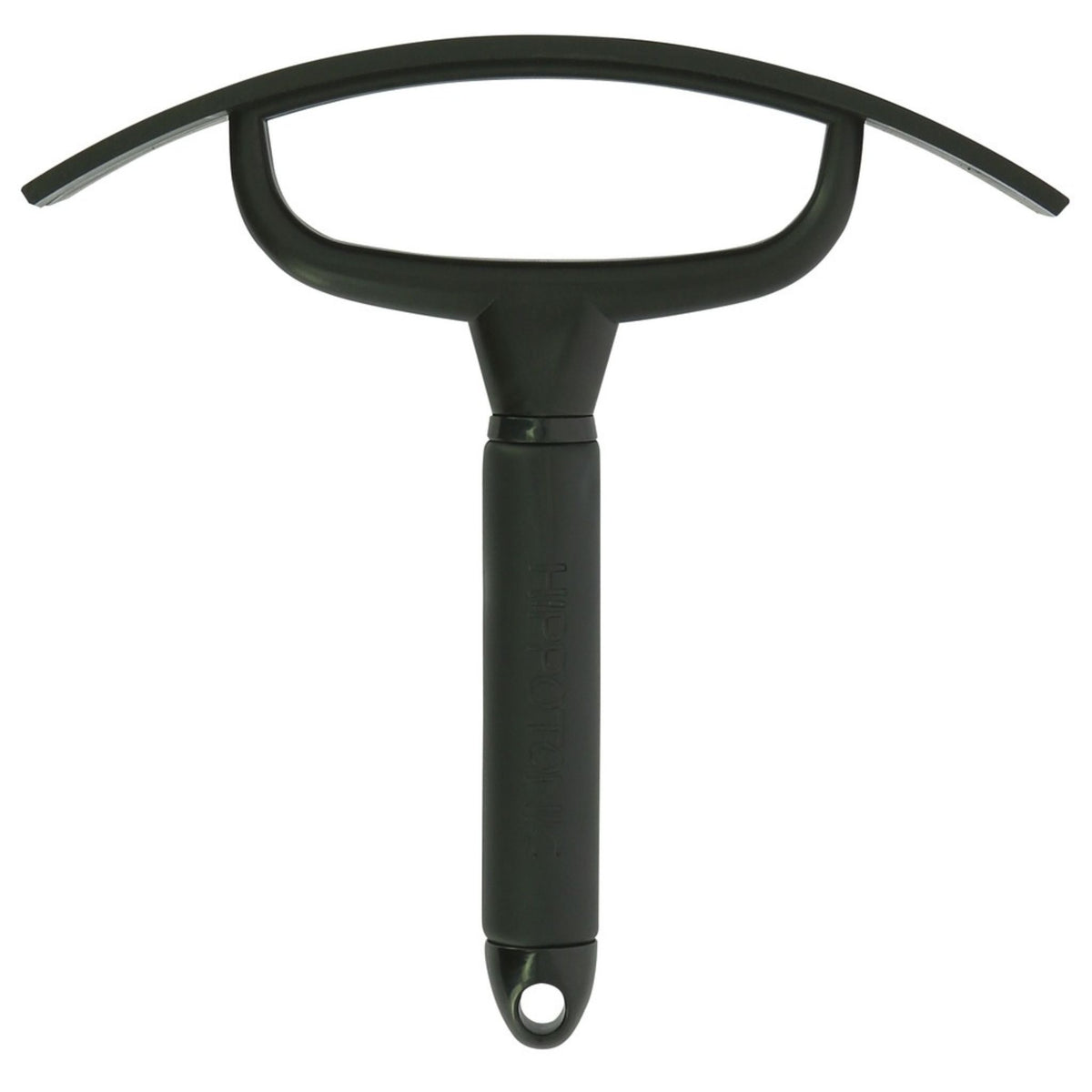 Black sweat scraper with a black leather handle indented with “Hippotonic”.