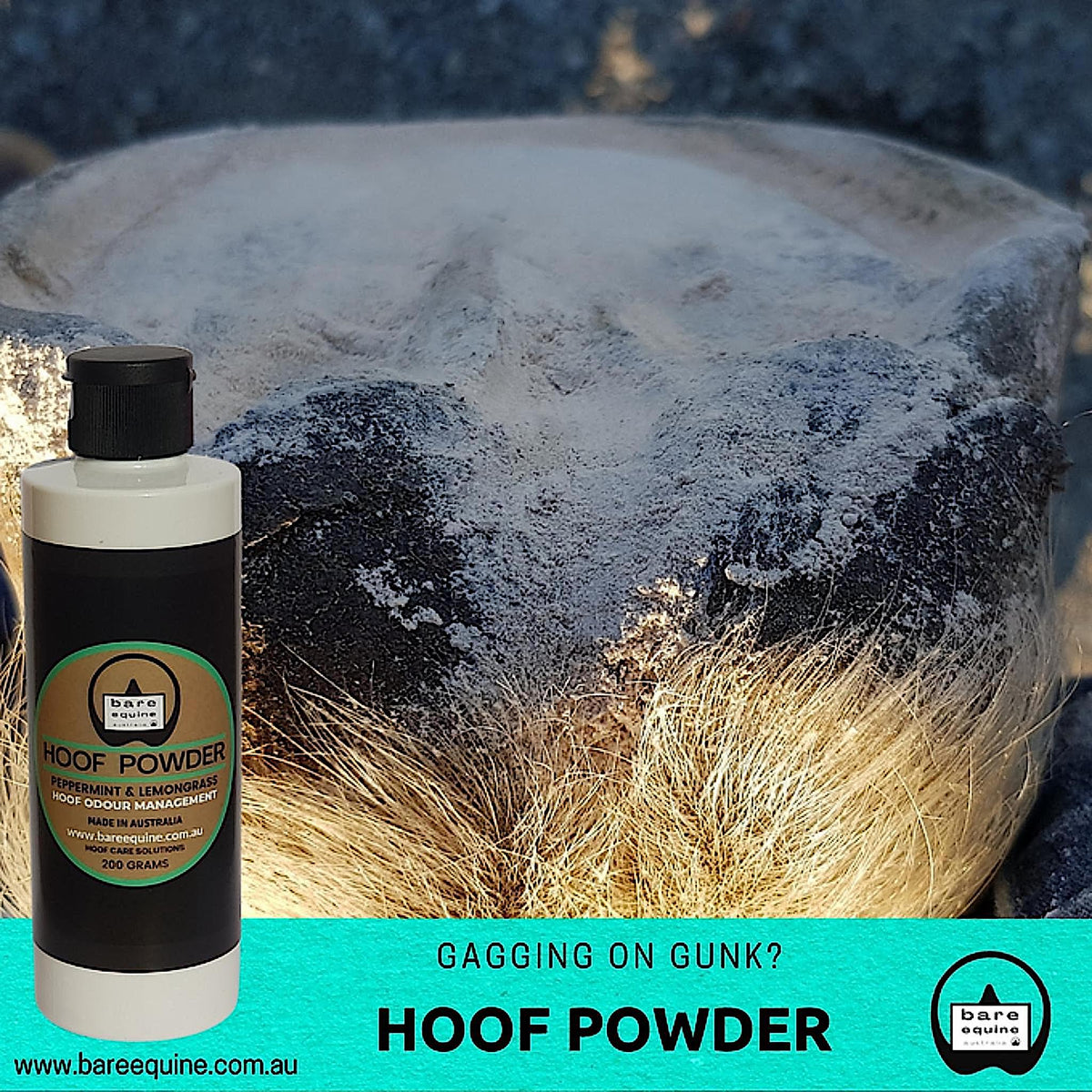 Hoof covered in white powder, with image of the product on side.