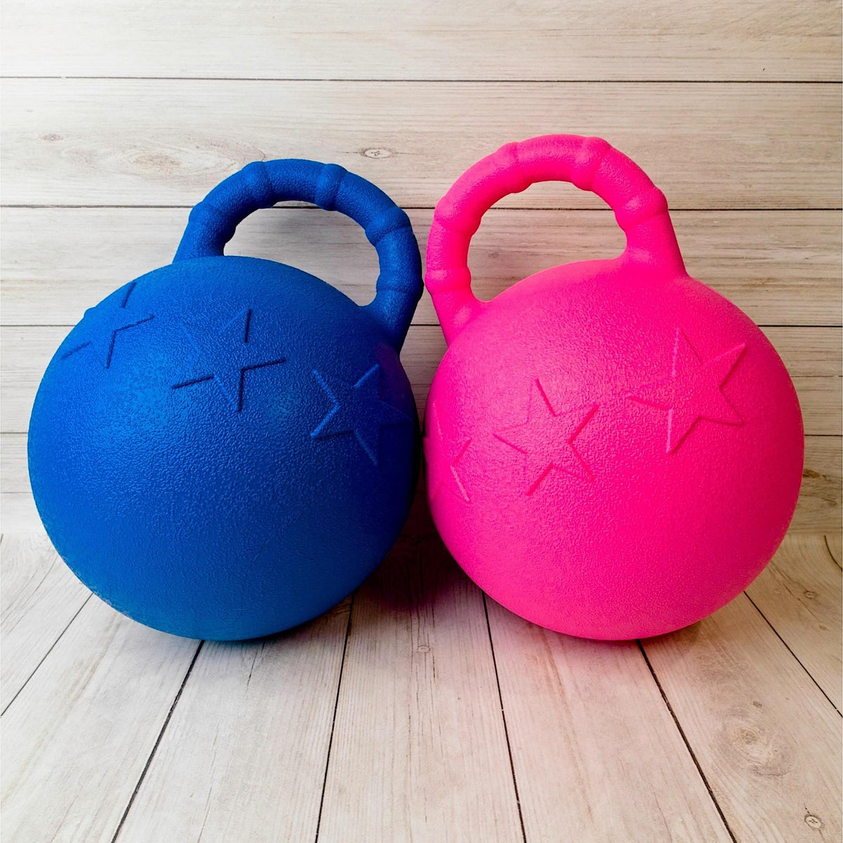 Blue and pink horse play balls with raised stars and curved handles.