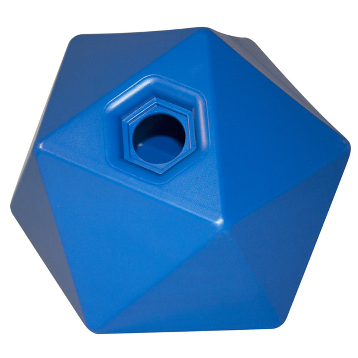 Blue treat ball with numerous flat sides and a small treat opening.