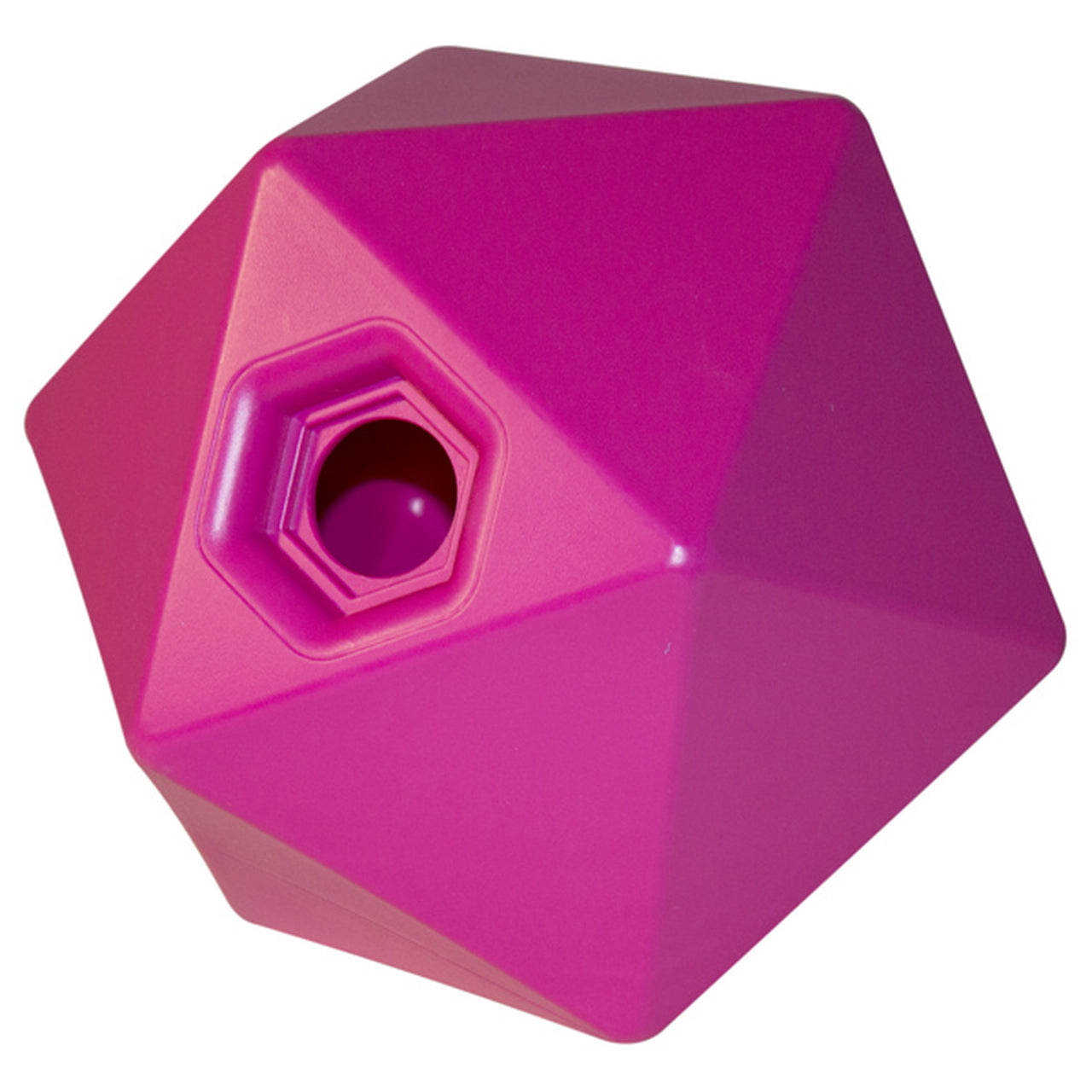 Pink treat ball with numerous flat sides and a small treat opening.