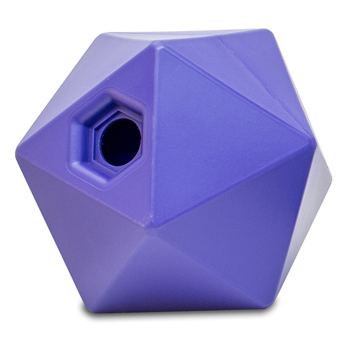 Purple treat ball with numerous flat sides and a small treat opening.