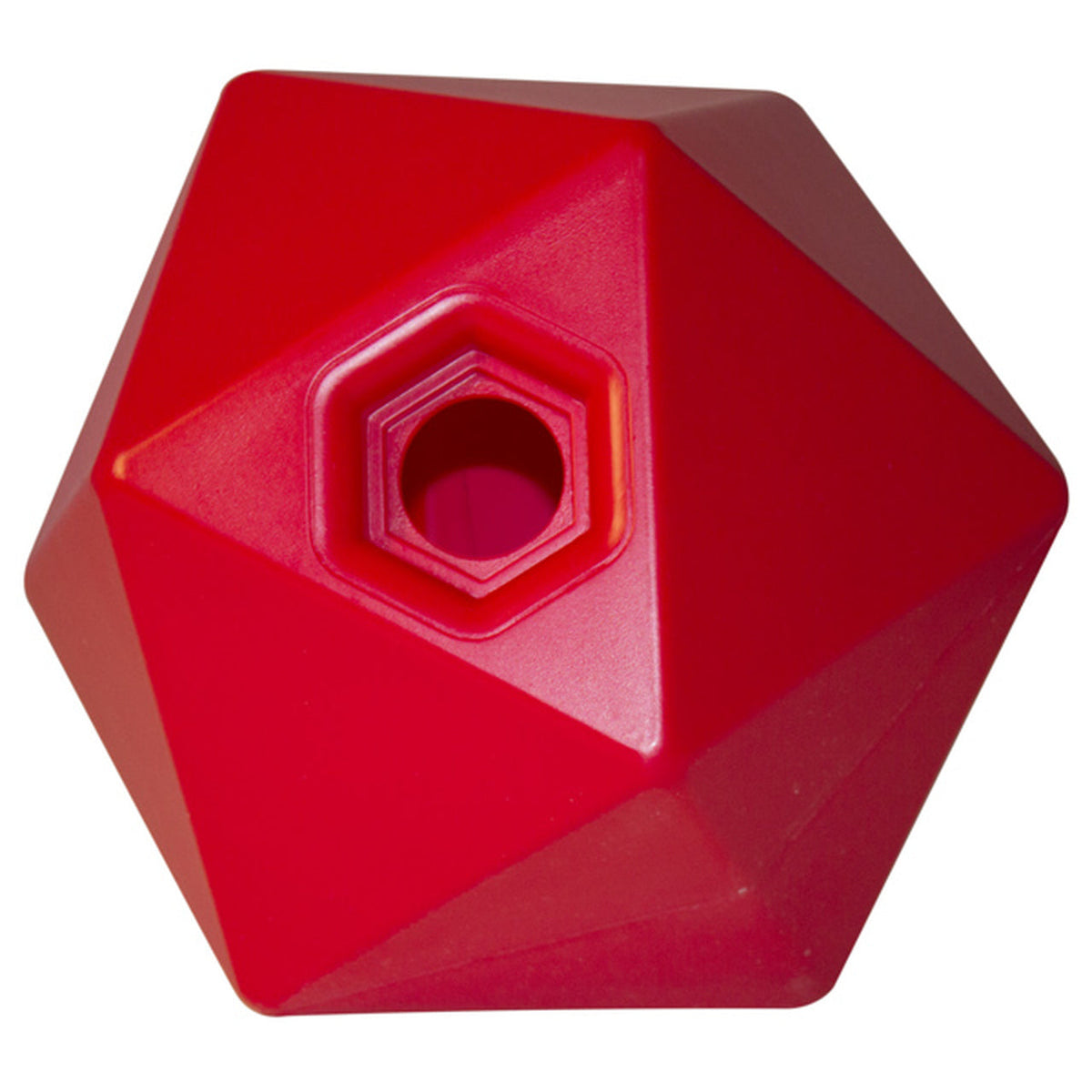Red treat ball with numerous flat sides and a small treat opening.