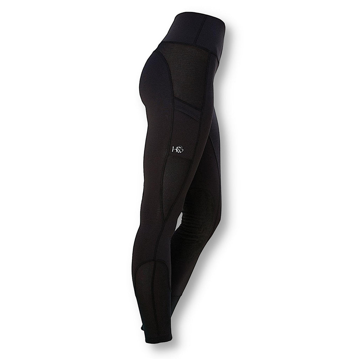 Side of black riding tights with small silver logo and mesh sections.