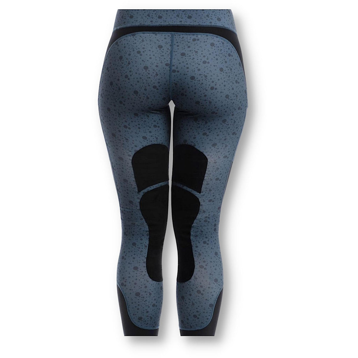 Back of steel-blue riding tights with black suede grip on inner leg.
