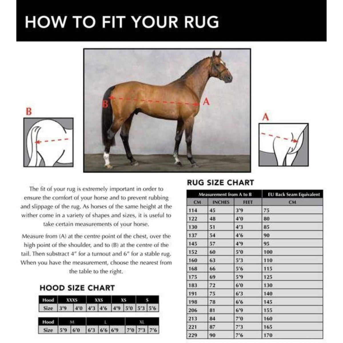 Size chart for horse rugs.
