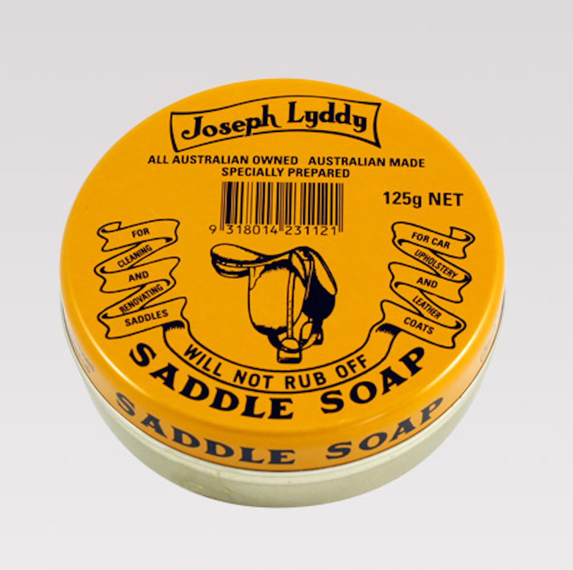 Cylindrical tin of saddle soap with yellow lid and black text.