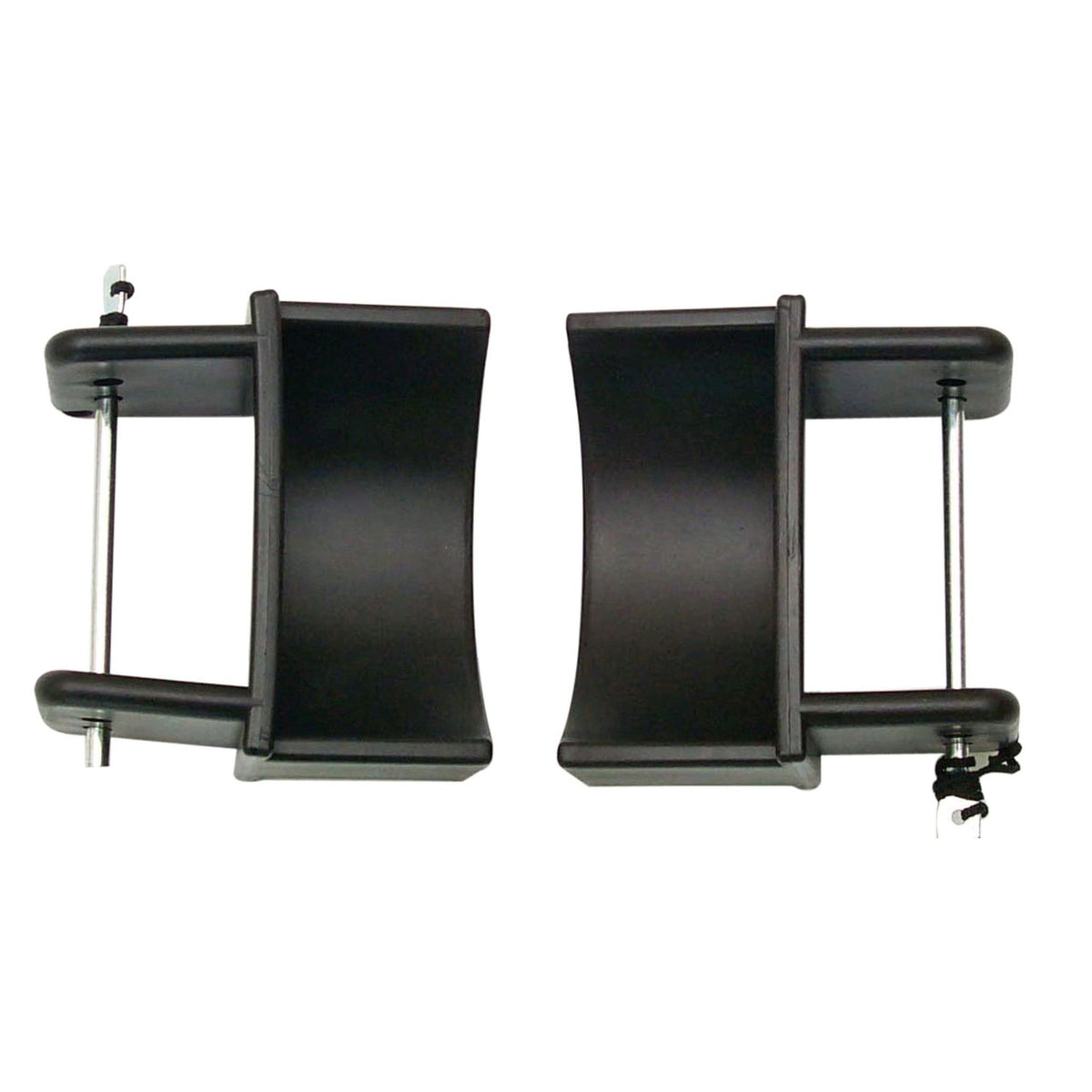 Black jump cups with silver metal pins, attached with black string.