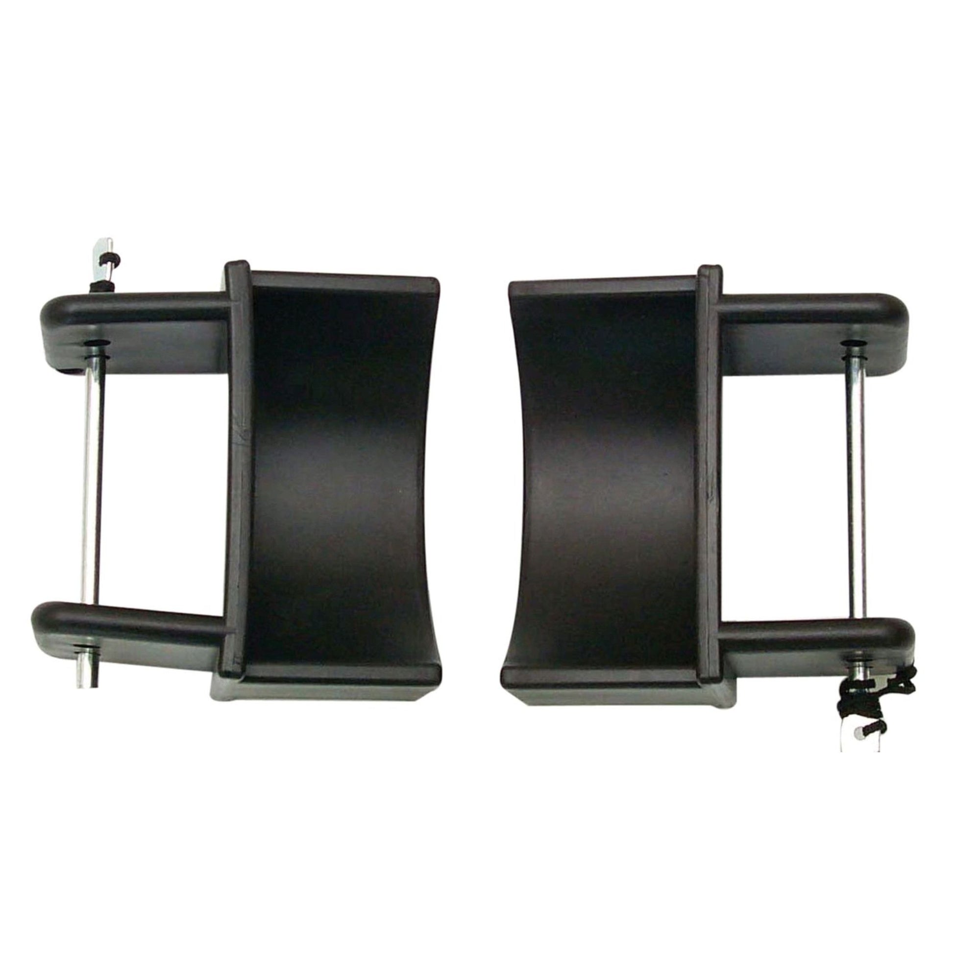 Black jump cups with silver metal pins, attached with black string.